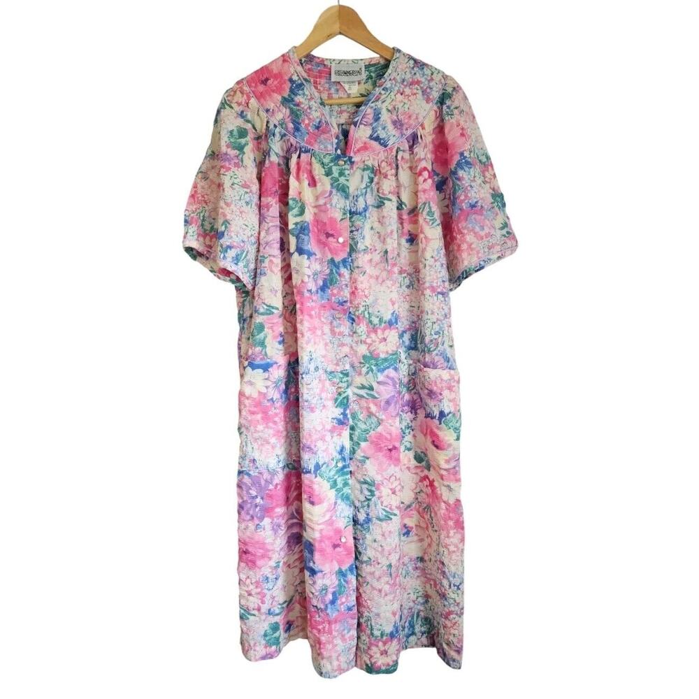 Crowntuft Womans LG PAJAMA Nightgown pink Floral Quilted Colae Large Pockets